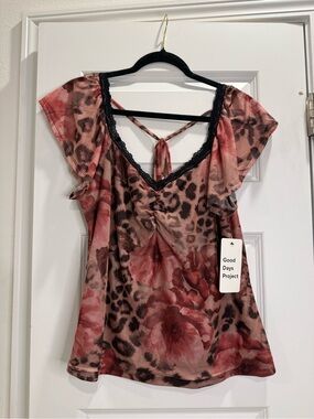 Y2K Good Days Project Whimsigoth Animal Print  Lace Trim Ruched Top – NWT
